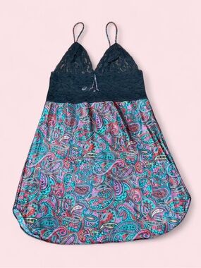 Vintage Lace Paisley Chemise Babydoll Lingerie Black Purple Teal Large Fairycore